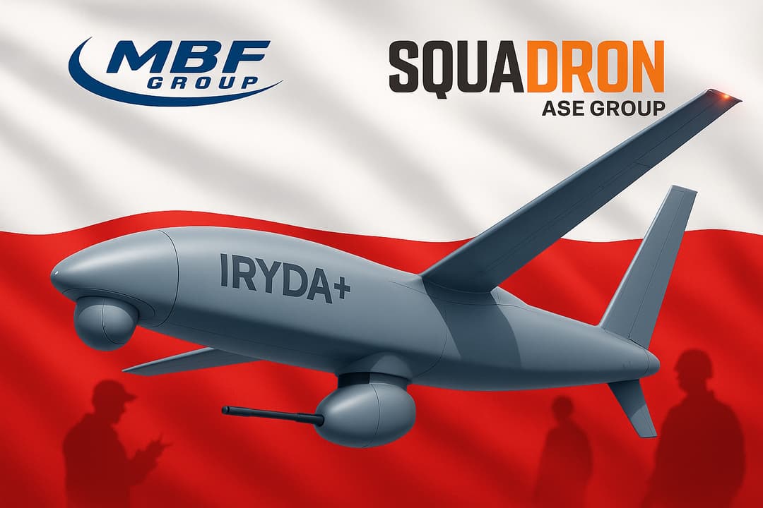IRYDA Plus unmanned counter-drone fighter rendering over Polish flag
