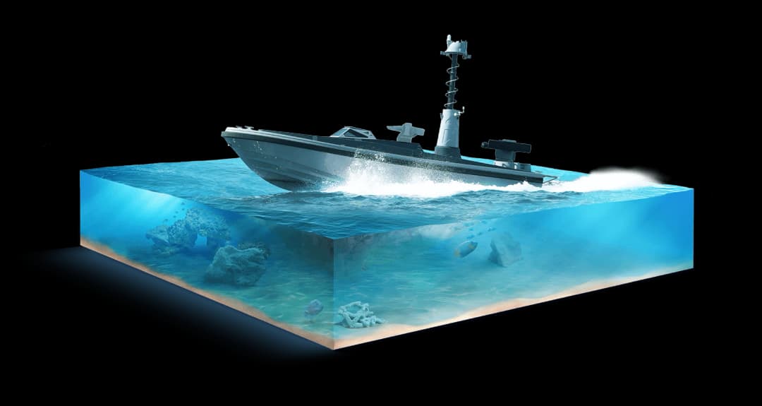 SANCAR AUSV executing high‑speed manoeuvre with telescopic mast and remote weapon station