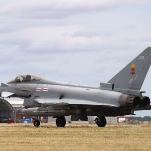 A Typhoon at RAF Coningsby in Lincolnshire. The fighter jet was produced as a joint project between the UK, Germany, Italy and Spain. Photograph: Joe Giddens/PA