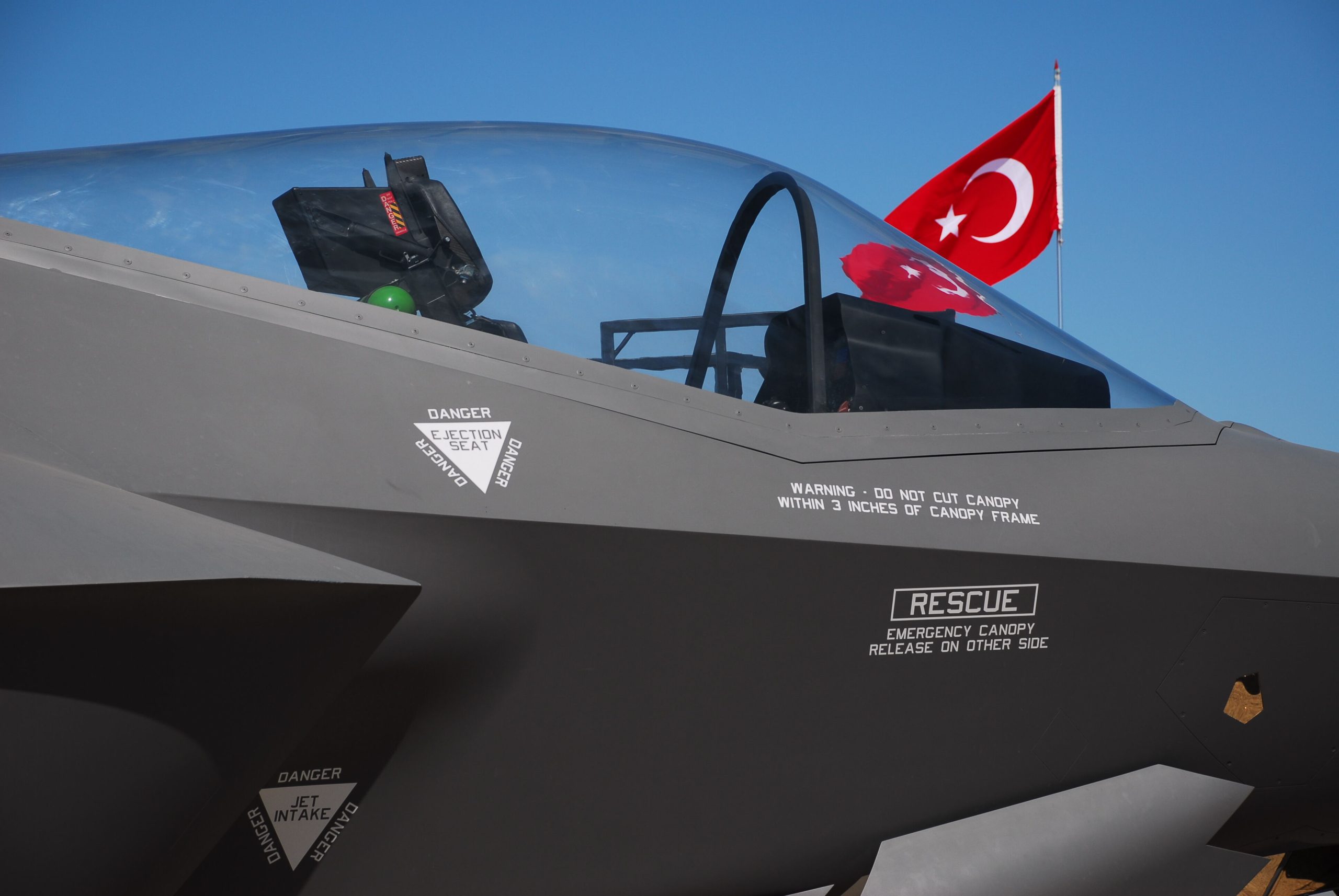 Turkish F-35 stealth jet concept with NATO and Türkiye flags in background
