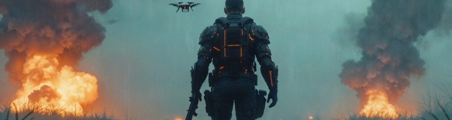 soldier-walking-through-battlefield-with-drones